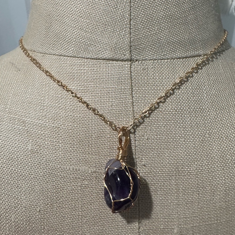 NWT amethyst necklace wrapped faux gold. Please see pictures for measurements.